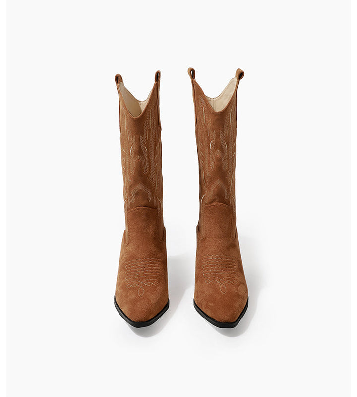 Vintage-Inspired Handmade Brown Suede Cowgirl Boots and Boho Western Mid Calf Boots in Brushed Suede Leather