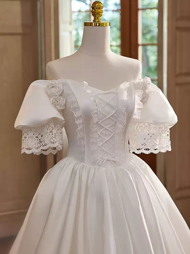 White Satin Wedding Dress with Puff Sleeve –  Lace Wedding Gown Off Shoulder with Ruched Skirt and Corset Plus Size