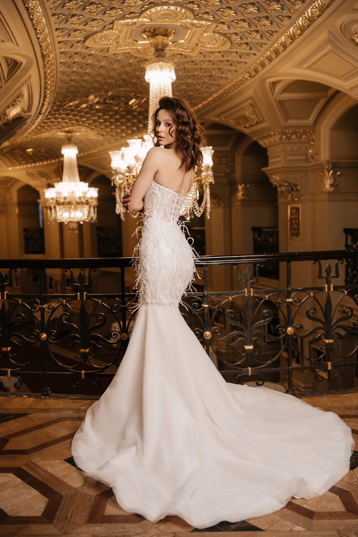 Ivory Convertible Wedding Dress with Feathers – Sequin Mermaid Wedding Dress with Train Plus Size – EMANUELA