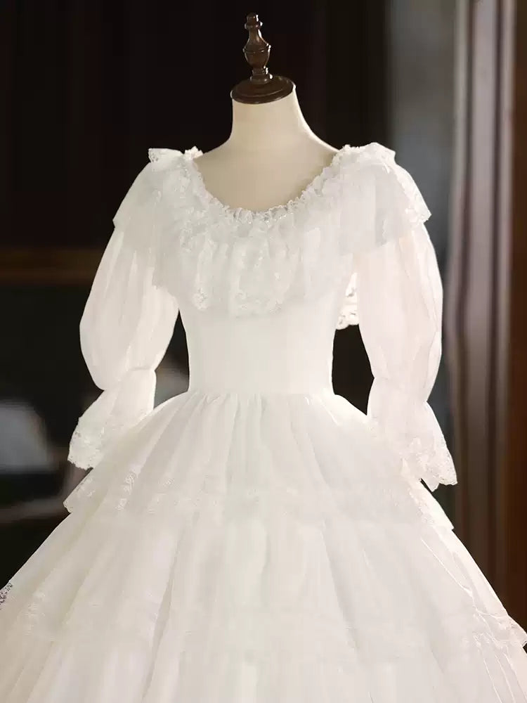 Lace Wedding Dress with Long Sleeves and Corset – Ruffle Layered Wedding Dress with Puff Sleeves Plus Size