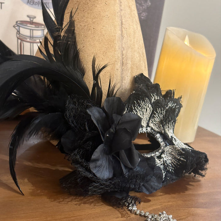 Handcrafted Gothic Black Feather Mask and Prom Mask with Lace Fringe – Elegant Mardi Gras Mask for Masquerade