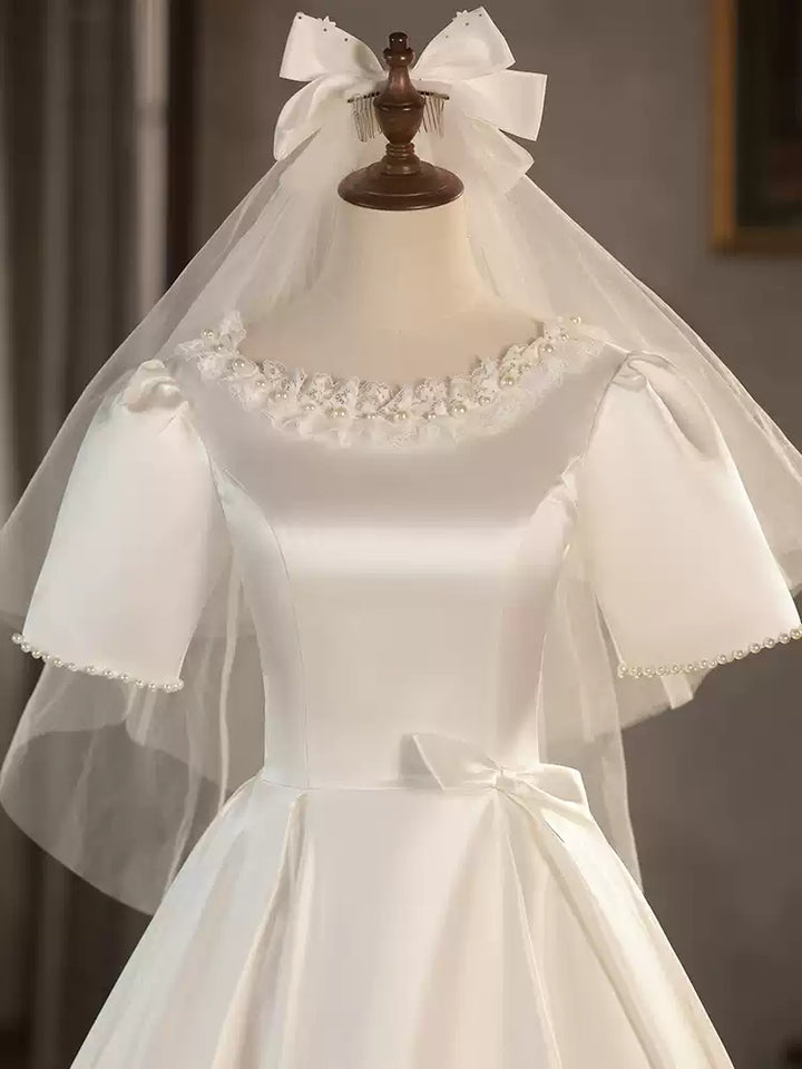 Satin Tea Length Wedding Dress with Floral Neckline – Simple Short Sleeve Wedding Dress with Bow Detail Plus Size