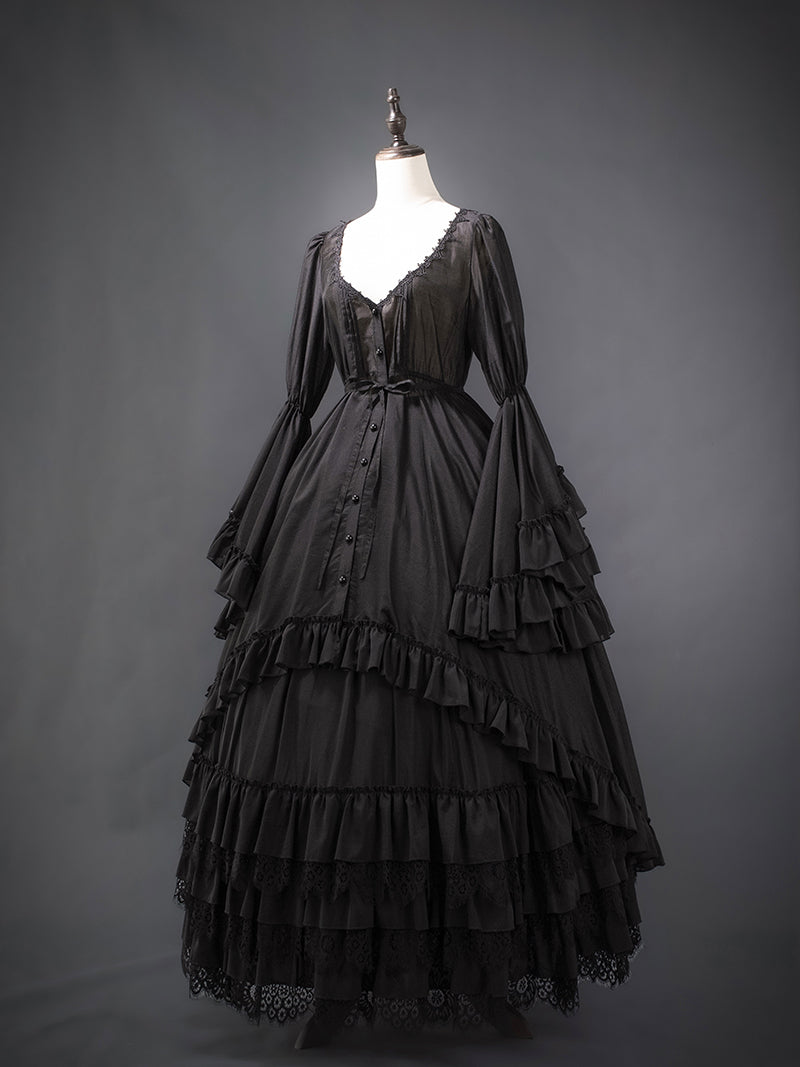 Victorian-Inspired Black Gothic Lolita Ball Gown with Lace Trim and Tiered Skirt – Edwardian Tencel Dress Plus Size