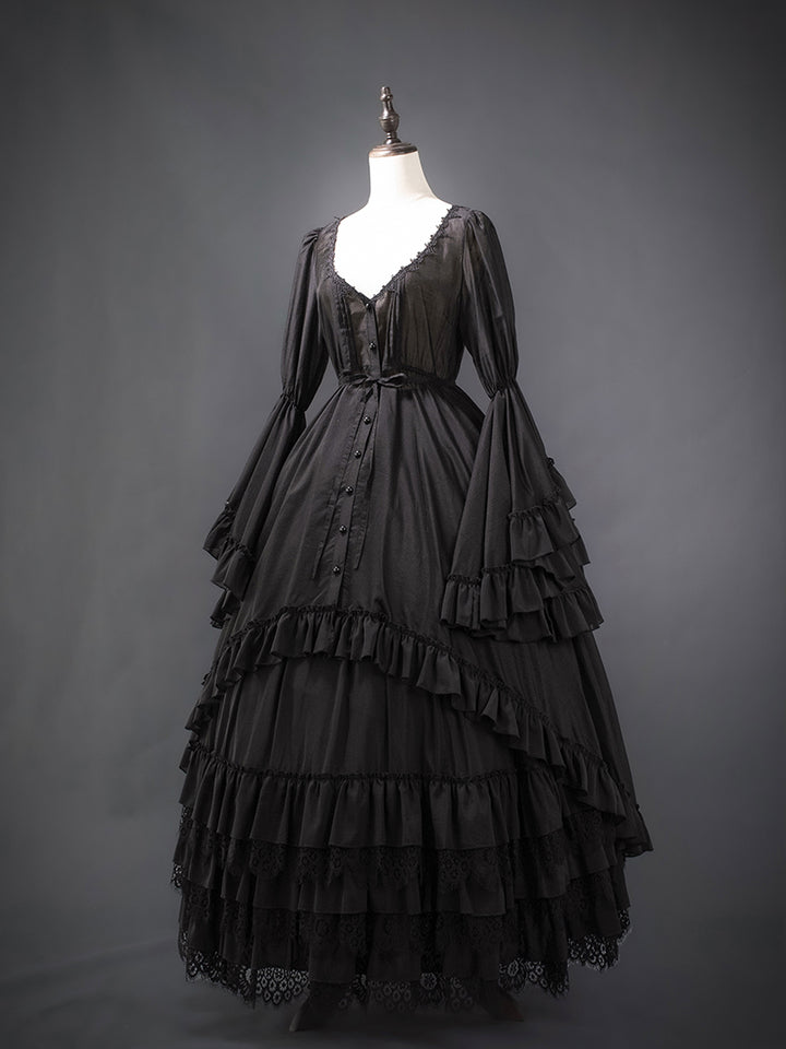 Victorian-Inspired Black Gothic Lolita Ball Gown with Lace Trim and Tiered Skirt – Edwardian Tencel Dress Plus Size