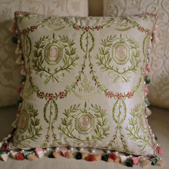 Baroque Laurel Medallion Embroidered Cushion – Handmade Satin Pillow with Tassel Trim