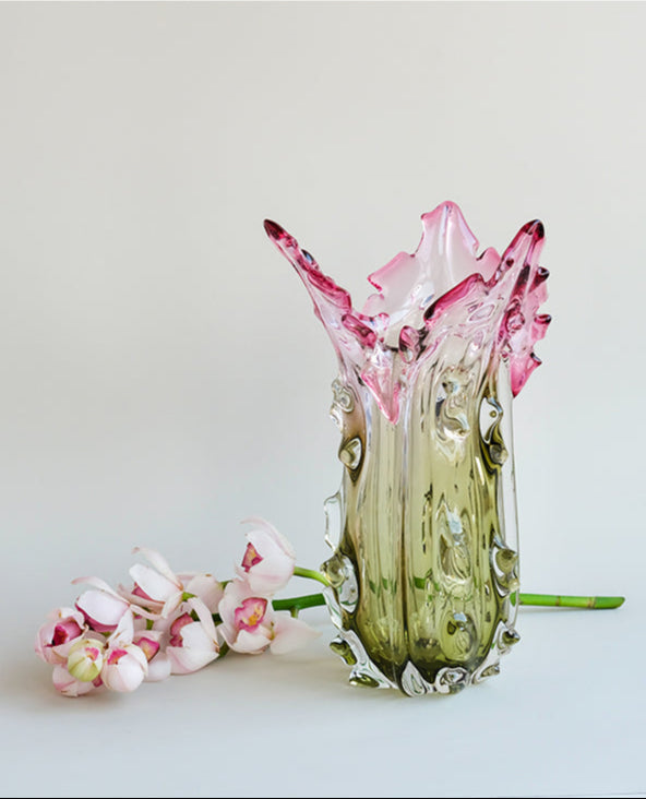 Luxury Handmade French Baccarat Crystal Vase in Gradient Pink and Green Hand-Blown Heavy Crystal