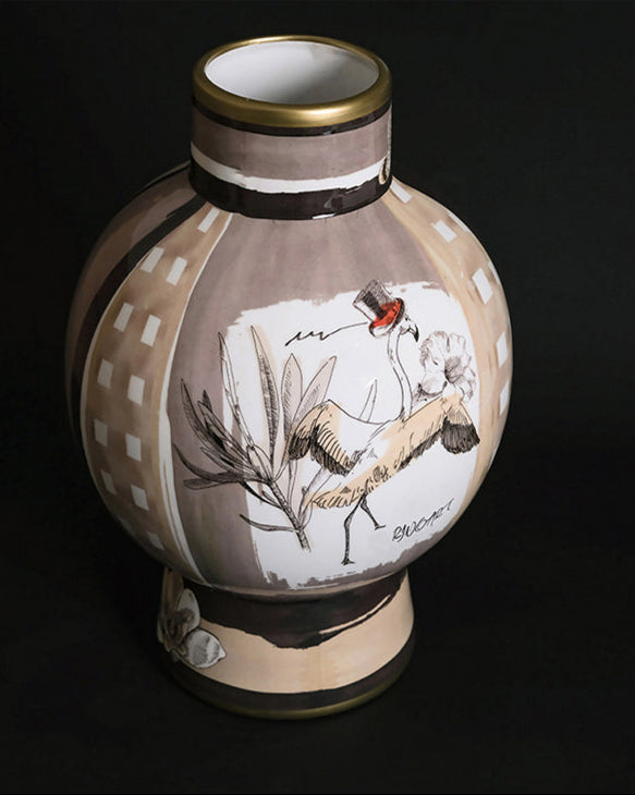 Vintage-Inspired Oriental Italian Light Cocoa Porcelain Vase with Hand-Painted Motifs