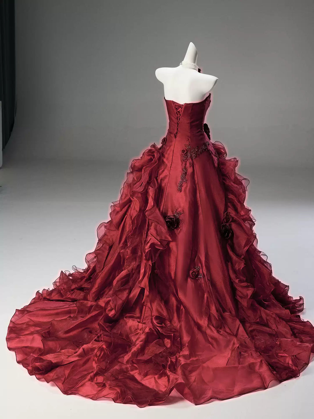 Burgundy Strapless Layered Ruffle Dress with Floral Appliqué – Floral Evening Dress with Corset Back Plus Size
