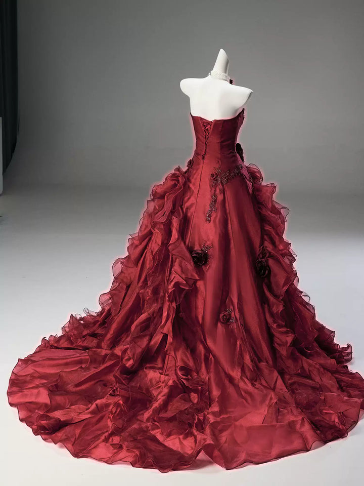 Burgundy Strapless Layered Ruffle Dress with Floral Appliqué – Floral Evening Dress with Corset Back Plus Size