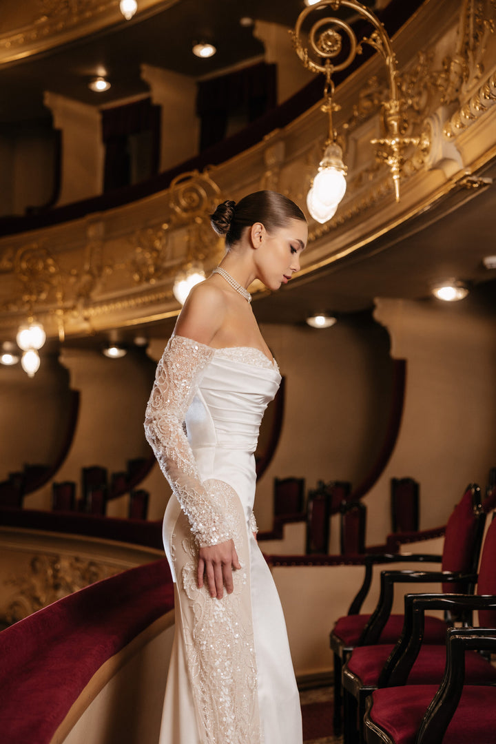 Ivory Lace Mermaid Wedding Dress with Long Sleeves – Off the Shoulder Wedding Gown with Beaded Sequin Plus Size – LISA