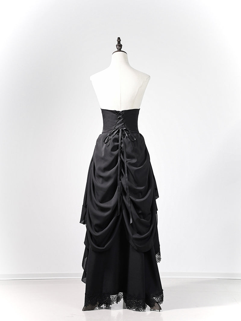 Victorian-Inspired Gothic Black Lace High Neck Ball Gown with Tiered Ruffled Skirt – Corset Back Evening Dress Plus Size