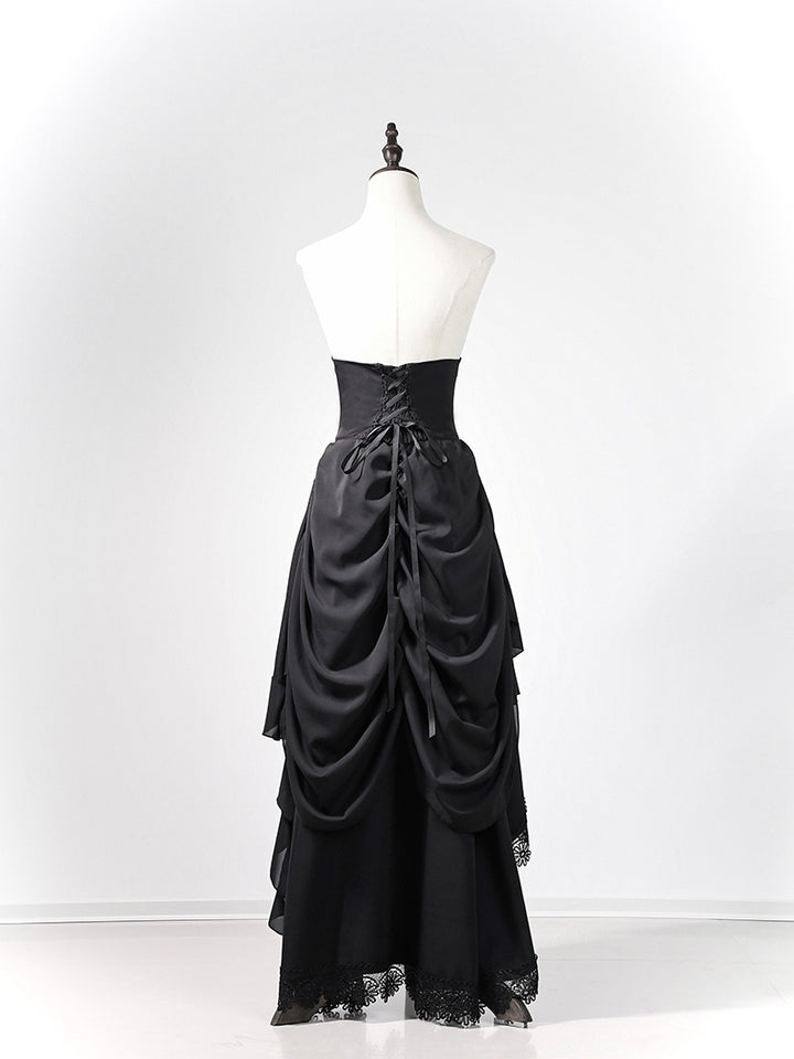 Victorian-Inspired Gothic Black Lace High Neck Ball Gown with Tiered Ruffled Skirt – Corset Back Evening Dress Plus Size
