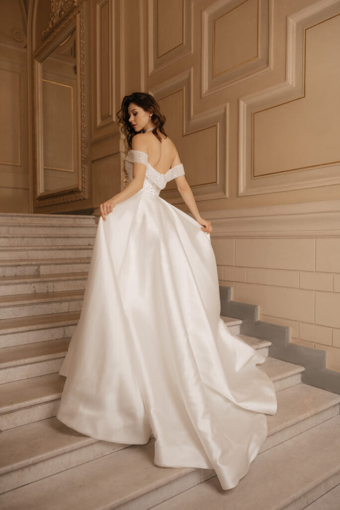 Ivory A-Line Wedding Dress with Long Train –  Off the Shoulder Wedding Gown with Pearl and Deep Neckline Plus Size – DANIELLE