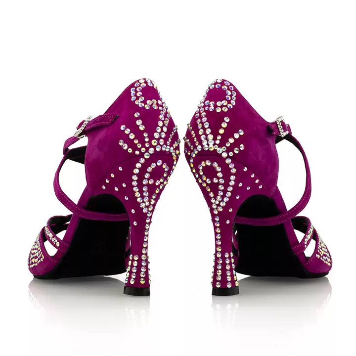 Radiant Grape – Handmade Suede Salsa Dance Heels with Rhinestone Detailing