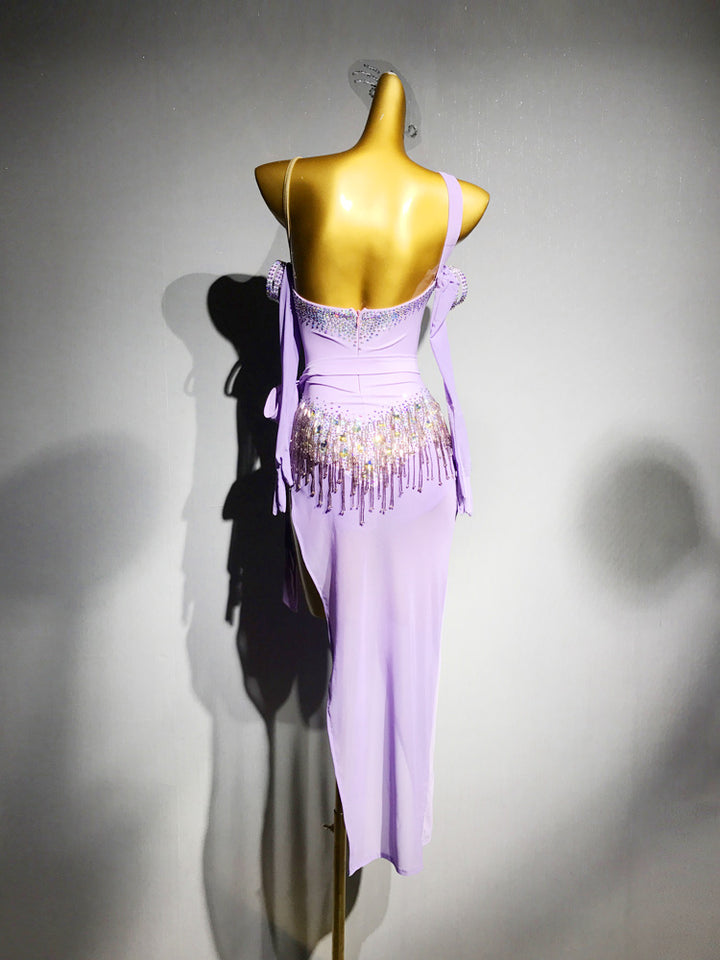 Purple Salsa Dance Dress Lilac Asymmetric Sequin Fringe with Spaghetti Straps – Latin Dance Costumes