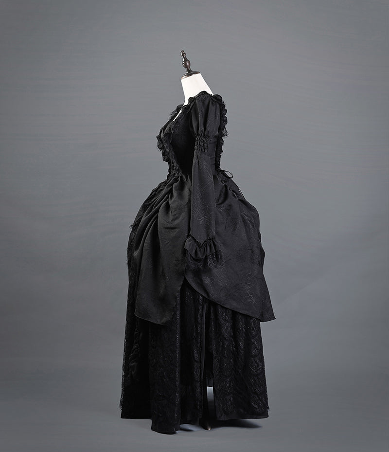 Victorian-Inspired Gothic Black Lace Ball Gown with Long Sleeves and Corset Back – Baroque-Inspired Mourning Dress Plus Size