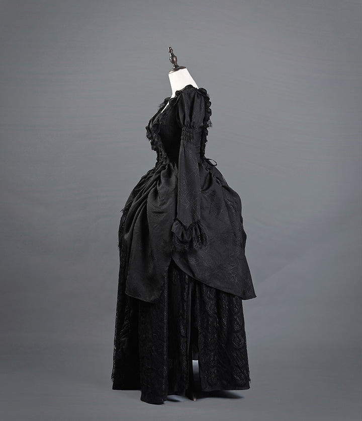 Victorian-Inspired Gothic Black Lace Ball Gown with Long Sleeves and Corset Back – Baroque-Inspired Mourning Dress Plus Size