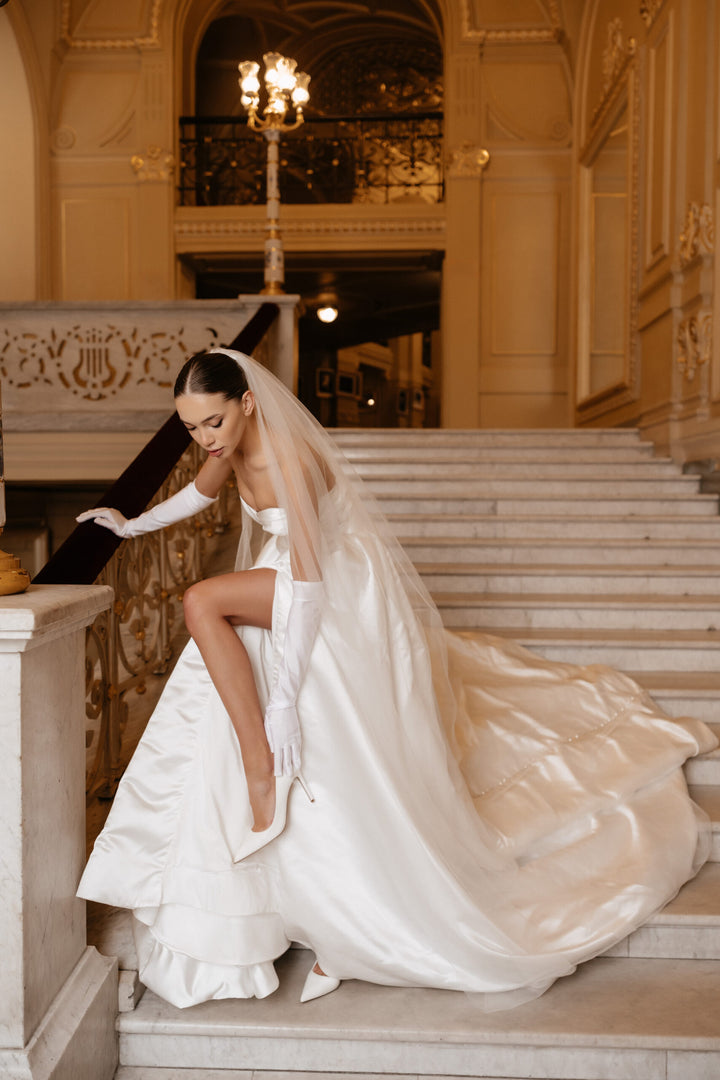 Ivory Off the Shoulder Wedding Dress with Slit – Simple Satin Wedding Gown with Draped Bodice and Buttons Plus Size – MORGAN