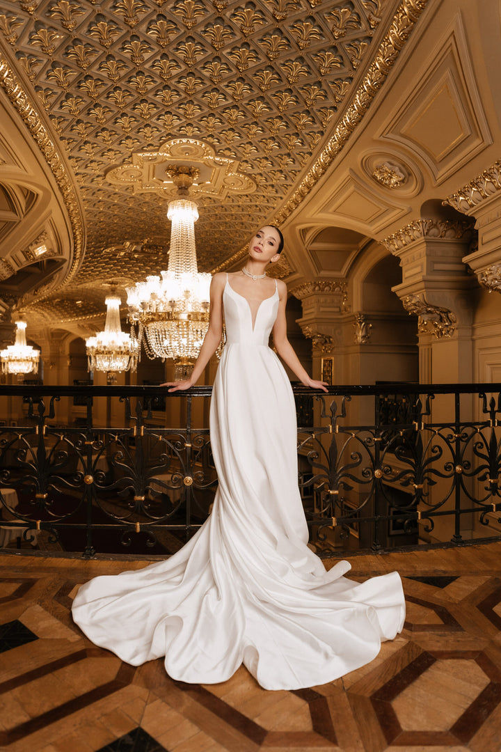 Ivory A-Line Wedding Dress with Removable Bow – Sleeveless Wedding Dress with Plunging Neckline Plus Size – ELIZA