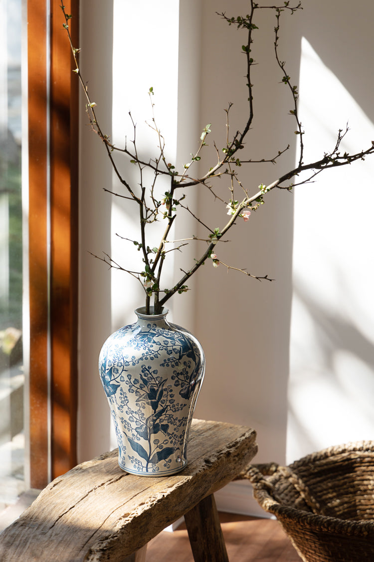 Oriental Light Blue Handcrafted Porcelain Vase and Entrance Decor with Lily of the Valley Motif
