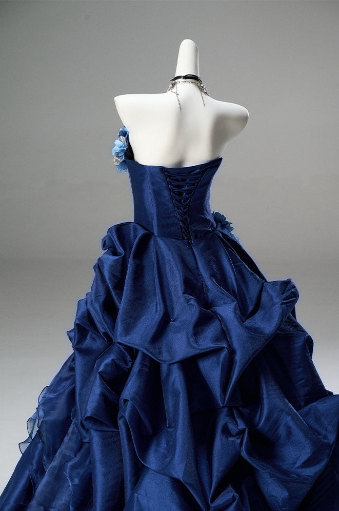 Gothic Navy Blue Floral Evening Dress with Floral Embellishment – Elegant Strapless Evening Dress with Corset Back Plus Size