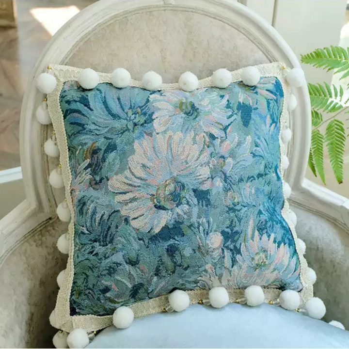 Monet’s Afternoon – Handmade Blue Velvet Cushion with Floral Tapestry and Pom Trim