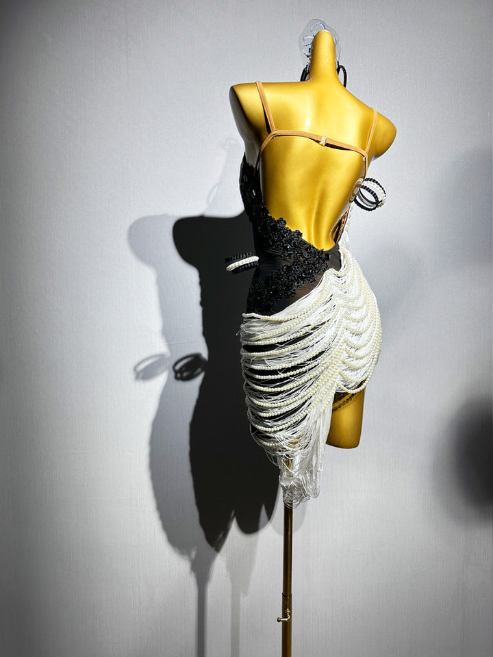 Black and White Salsa Fringe Dress with Pearl Drape and Lace Appliqué – Handmade Latin Ballroom Dance Costume