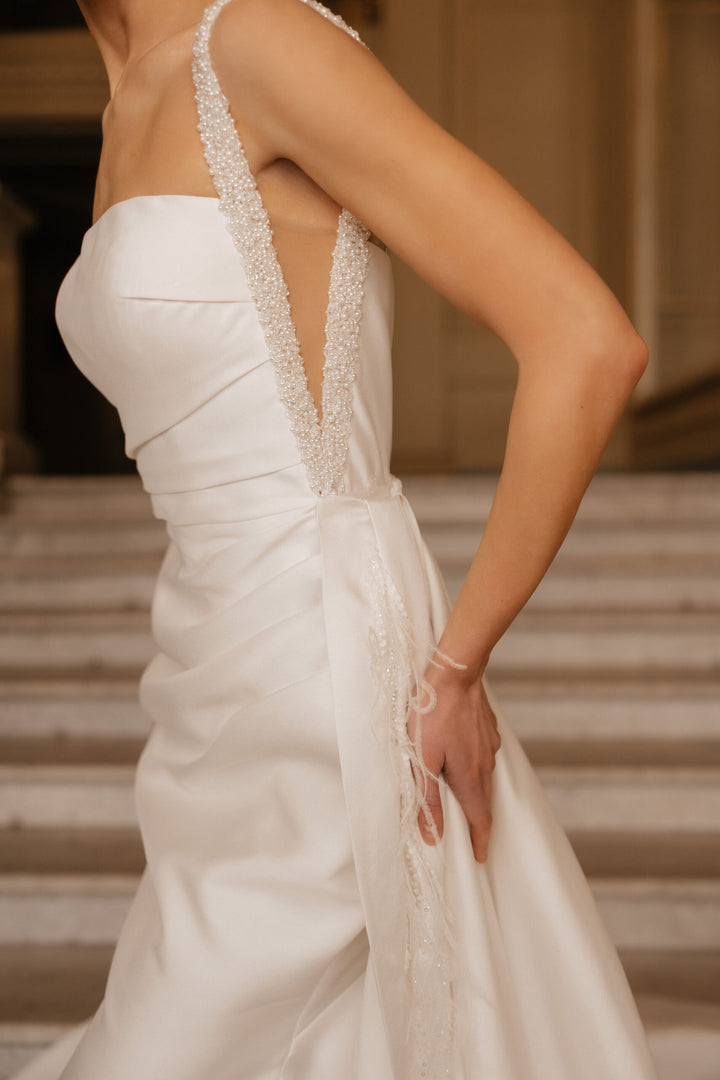 Ivory Satin Wedding Dress with Removable Train - Sleeveless Mermaid Wedding Dress with Pearl Straps Plus Size - ZOWIE