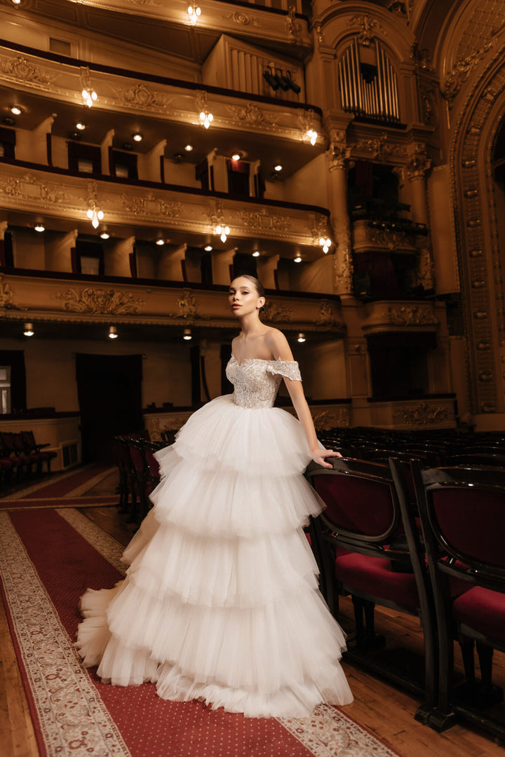 Ivory A-Line Wedding Dress with Pleated Skirt – Layered Tulle Ruffle Dress with Lace Corset Plus Size – RAFFAELLA