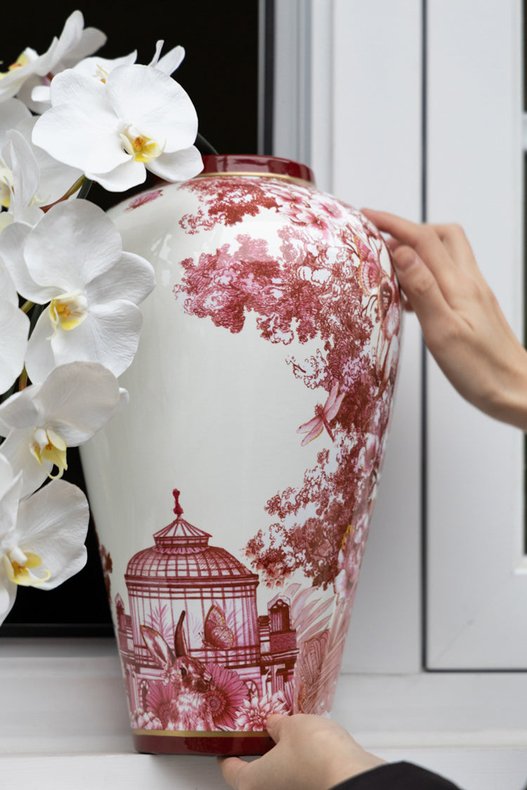 Vintage-Inspired Handmade Italian Red and White Porcelain Vase with Toile de Jouy Design