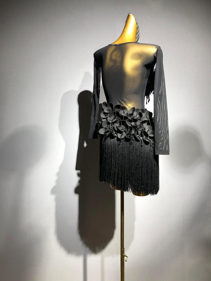 Black Salsa Dance Dress Black Fringe with 3D Appliqué Mesh Long Sleeves – Handmade Latin Dance Costumes