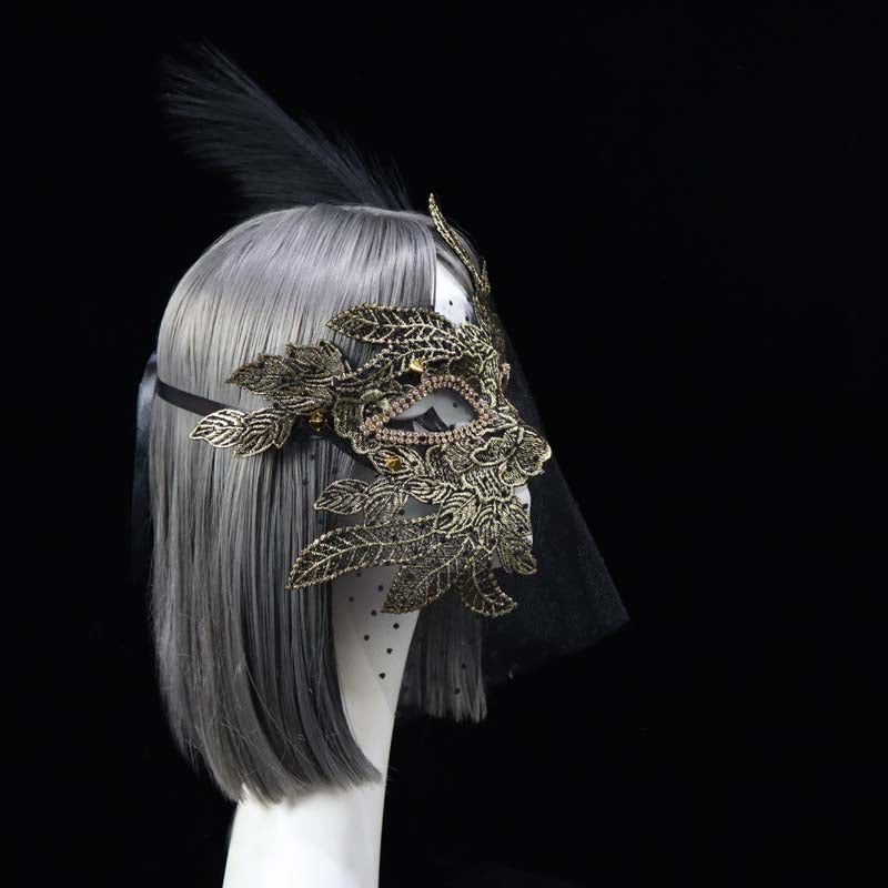 Vintage-Inspired Handmade Gold Masquerade Mask –  Venetian Feather Mask Masquerade with Lace