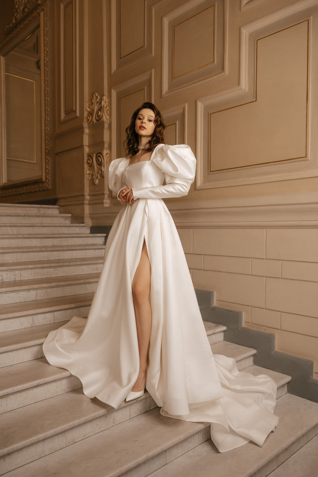 Ivory A-Line Wedding Dress with Empire Waist – Long Sleeves Wedding Dress with High Slit Plus Size – PAOLA
