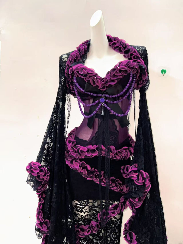 Victorian-Inspired Gothic Black and Purple Lace Corset Dress with Sheer Mermaid Skirt – Black Sexy Dress Plus Size