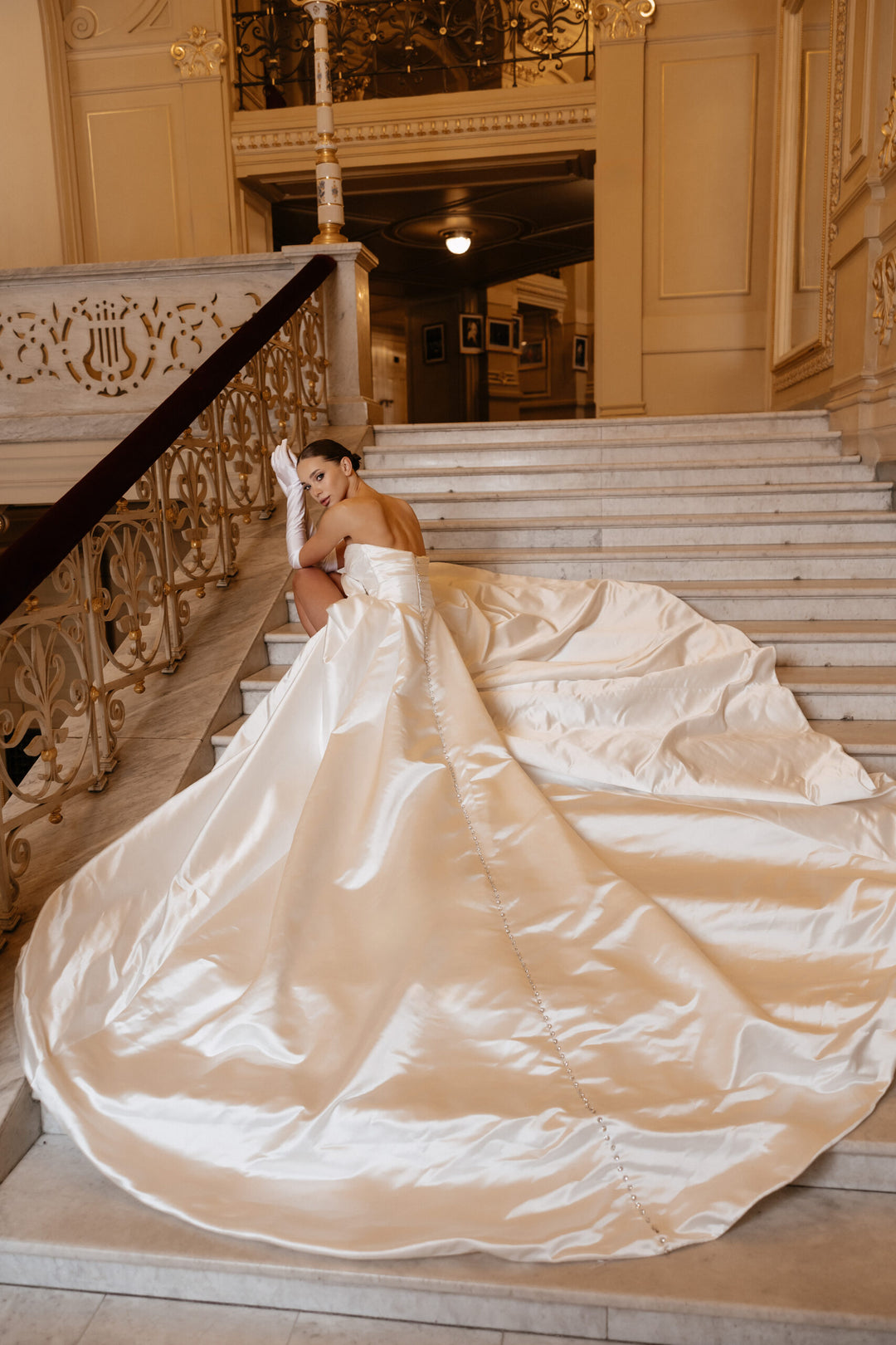 Ivory Off the Shoulder Wedding Dress with Slit – Simple Satin Wedding Gown with Draped Bodice and Buttons Plus Size – MORGAN