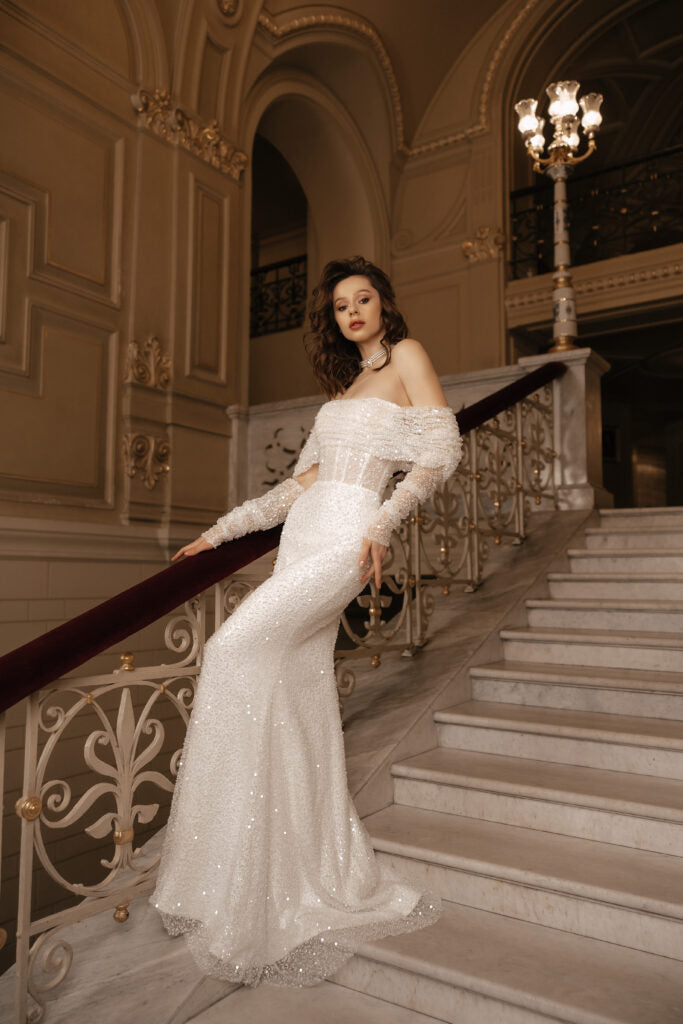 Ivory Mermaid Wedding Dress with Removable Sleeves – Sparkly Wedding Dress with Sleeves and Corset Plus Size – JOSIE