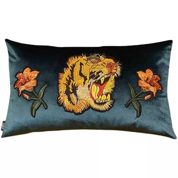 "Roar of the Garden" – Handmade Green Velvet Embroidered Tiger Lumbar Pillow