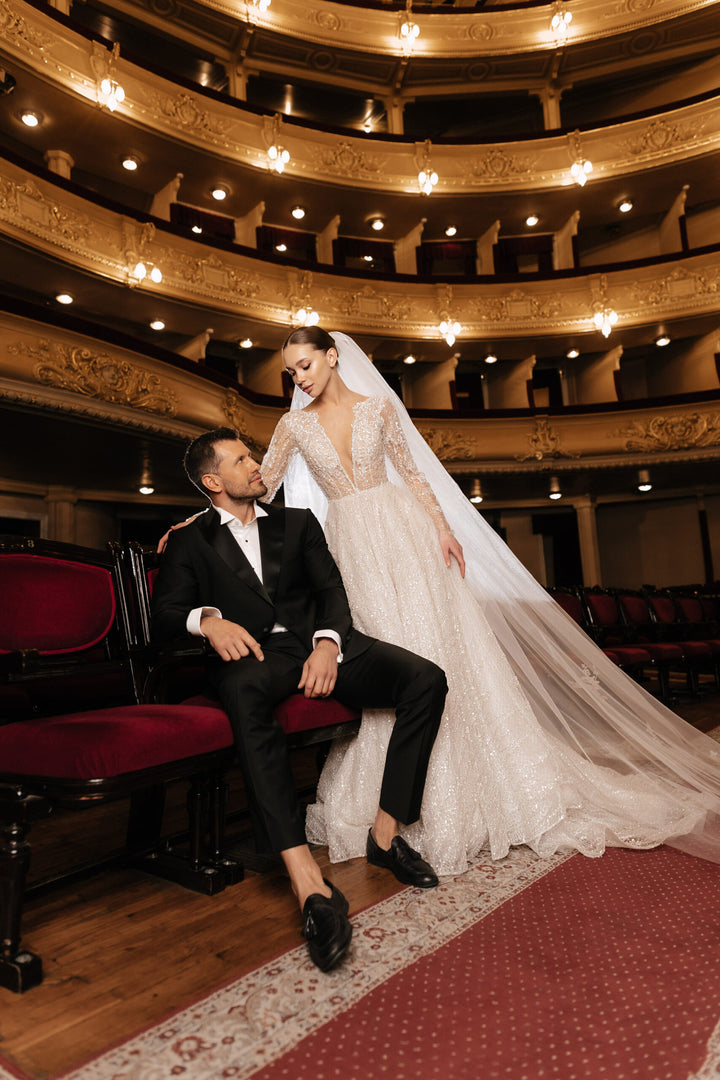 Ivory Sequin Wedding Dress with Long Lace Sleeves – A-Line Wedding Dress with Plunging Neckline Plus Size – VITTORIA