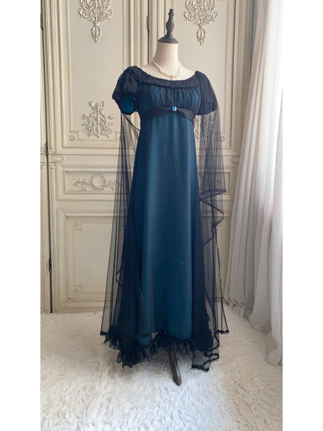 Regency Era Navy Blue Empire Waist Gown – Bridgerton Inspired Sheer Overlay Plus Size