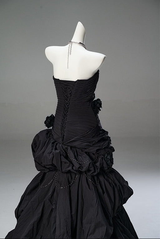 Gothic Black Strapless Evening Dress with Ruffled Skirt – Gothic Victorian Evening Dress with Corset Back Plus Size