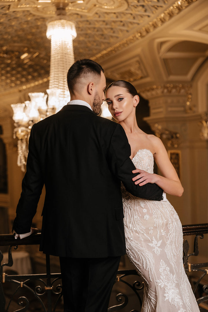 Ivory Lace Mermaid Style Wedding Gown with Cape – Sequin Wedding Dress with Sleeveless and Corset Plus Size – GABRIELLE