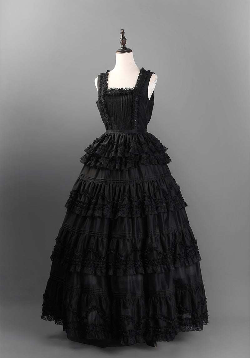Victorian-Inspired Black and White Gothic Lolita Ball Gown with Tiered Ruffles – Tencel Organza Dress with Lace Trim Plus Size
