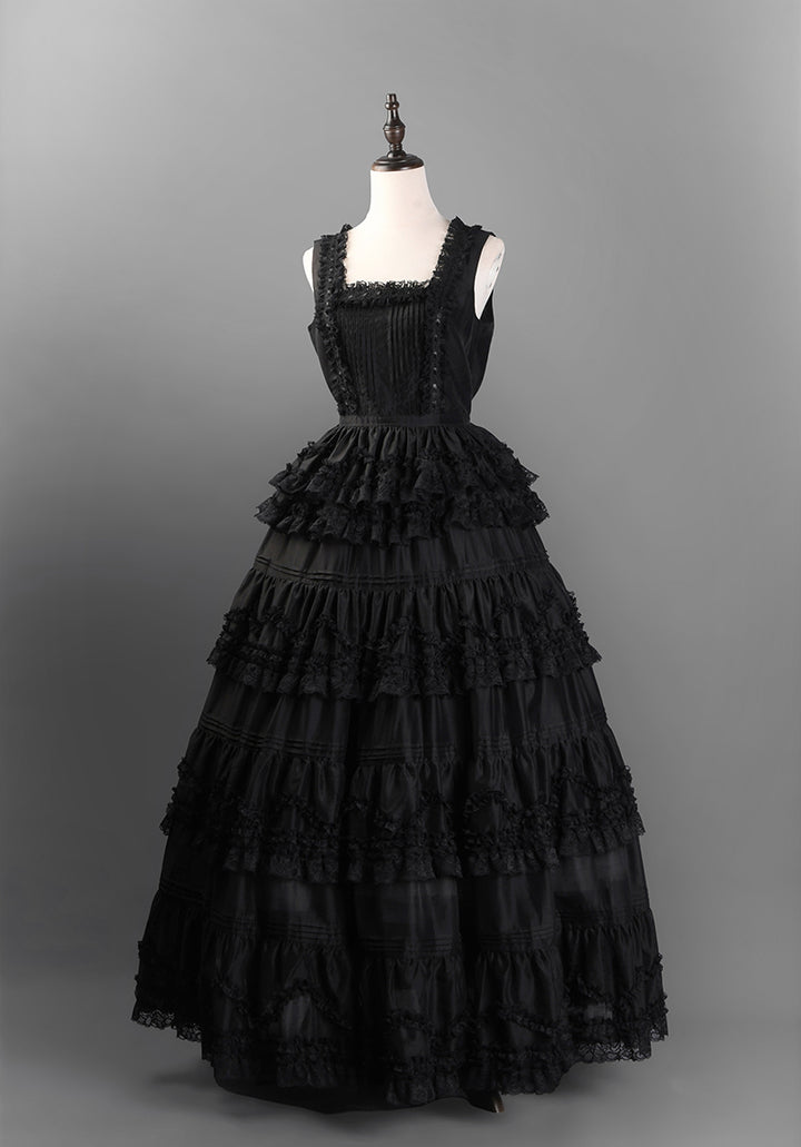 Victorian-Inspired Black and White Gothic Lolita Ball Gown with Tiered Ruffles – Tencel Organza Dress with Lace Trim Plus Size