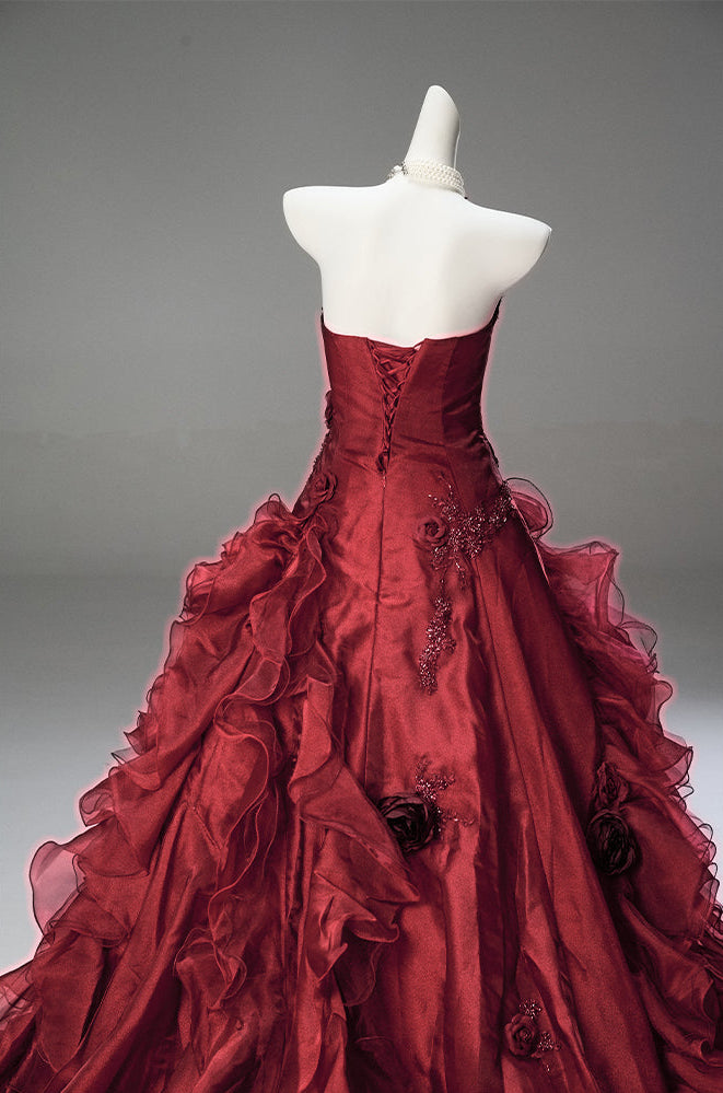 Burgundy Strapless Layered Ruffle Dress with Floral Appliqué – Floral Evening Dress with Corset Back Plus Size