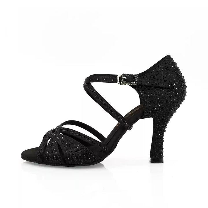 Twilight Glimmer – Handmade Black Satin Salsa Dance Heels with Crystal Straps