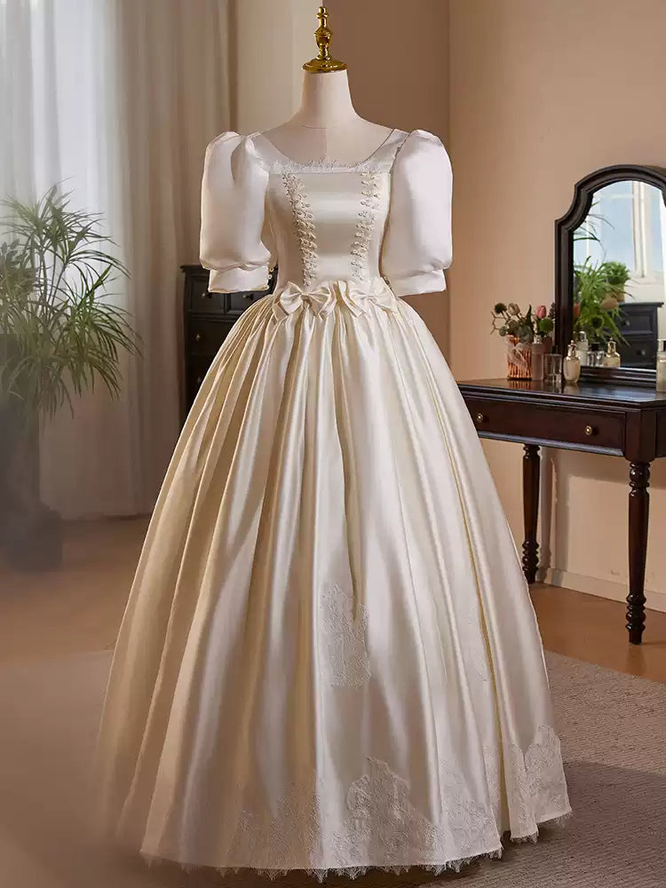 Simple Satin Wedding Dress with Corset – Lace Appliqué Wedding Dress with Bow Detail Plus Size