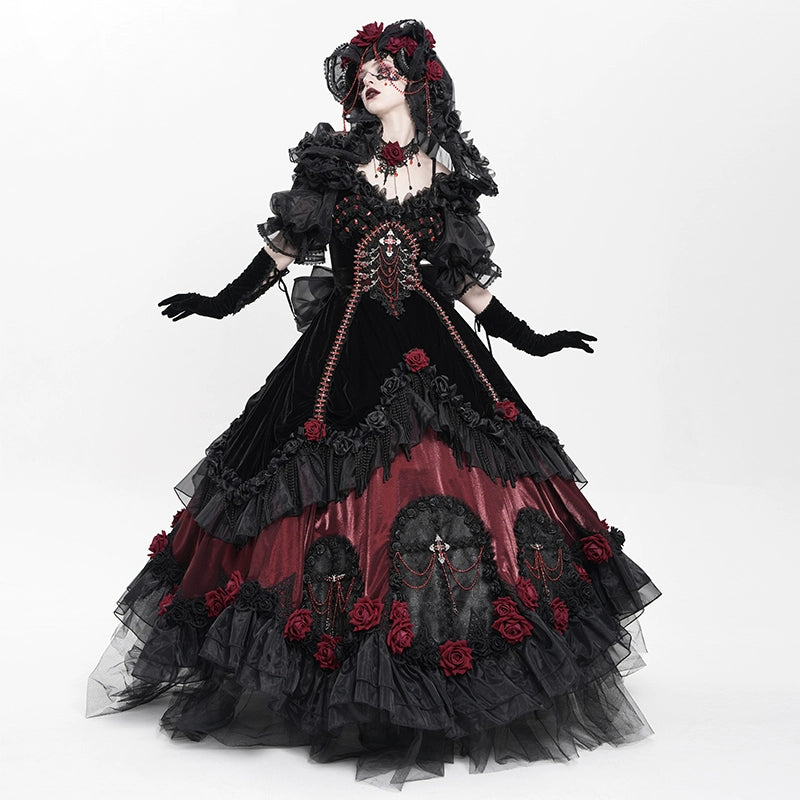 Victorian-Inspired Black Gothic Lolita Ball Gown with Burgundy Satin and Edwardian Lace – Gothic Evening Dress Plus Size