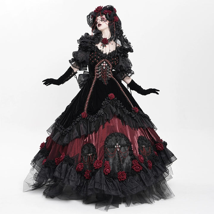 Victorian-Inspired Black Gothic Lolita Ball Gown with Burgundy Satin and Edwardian Lace – Gothic Evening Dress Plus Size