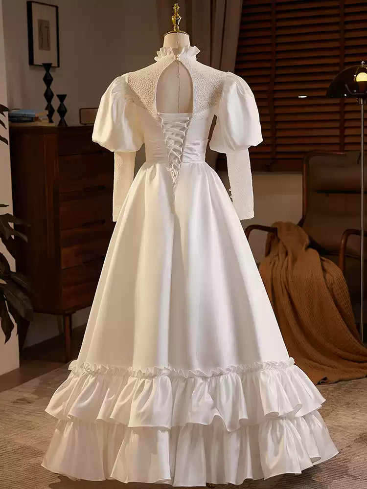 Victorian High Neck Wedding Dress with Puff Sleeves – Long Sleeves Wedding Dress with Ruffle Hem Plus Size