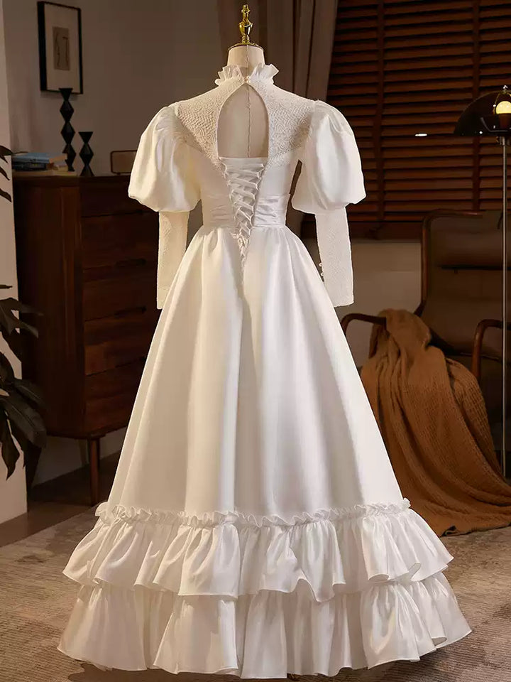 Victorian High Neck Wedding Dress with Puff Sleeves – Long Sleeves Wedding Dress with Ruffle Hem Plus Size
